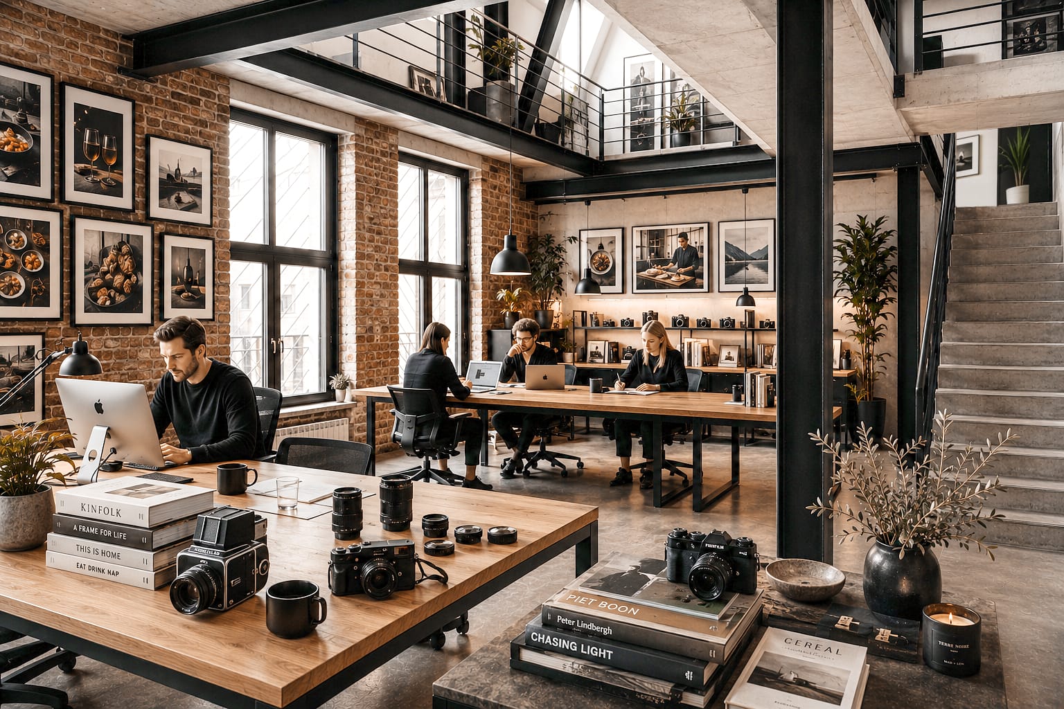 Varsani Media studio with cameras and photography books on a worktable