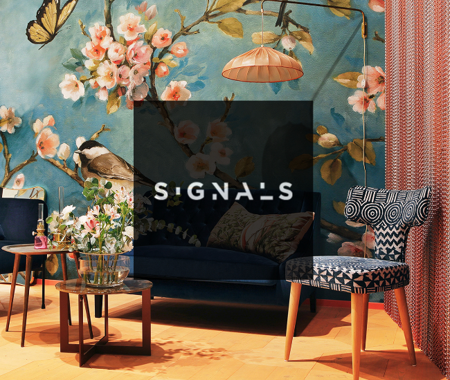 Signals 2018 trend installation at Habitare, with a painted floral wall and patterned chair
