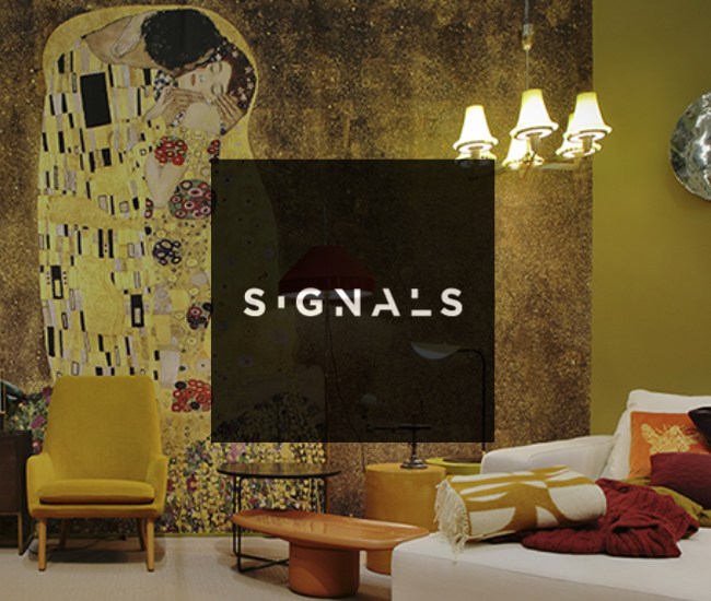Signals 2019 trend installation at Habitare, with a Klimt-inspired wall and mustard armchair
