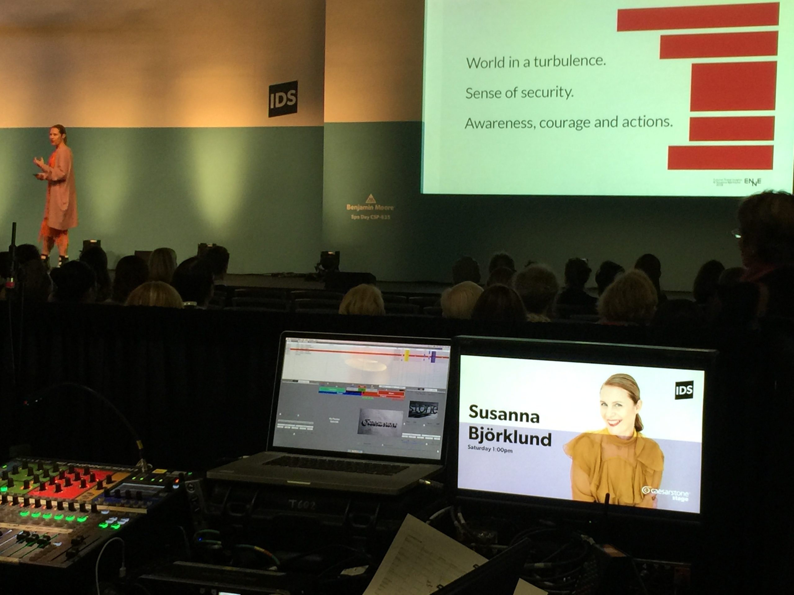 Susanna Björklund speaking at IDS Vancouver, with her speaker slide on screen