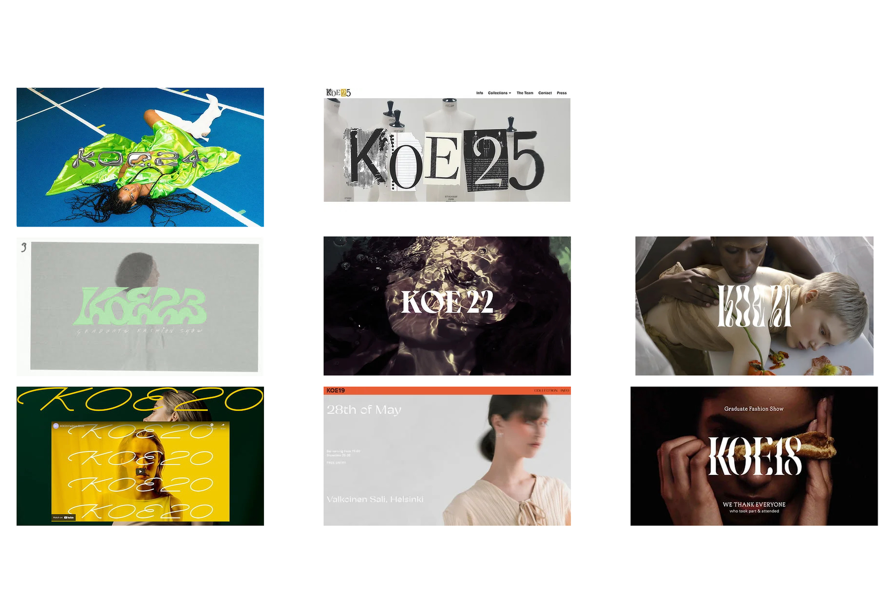 Previous KOE Fashion Show websites side by side