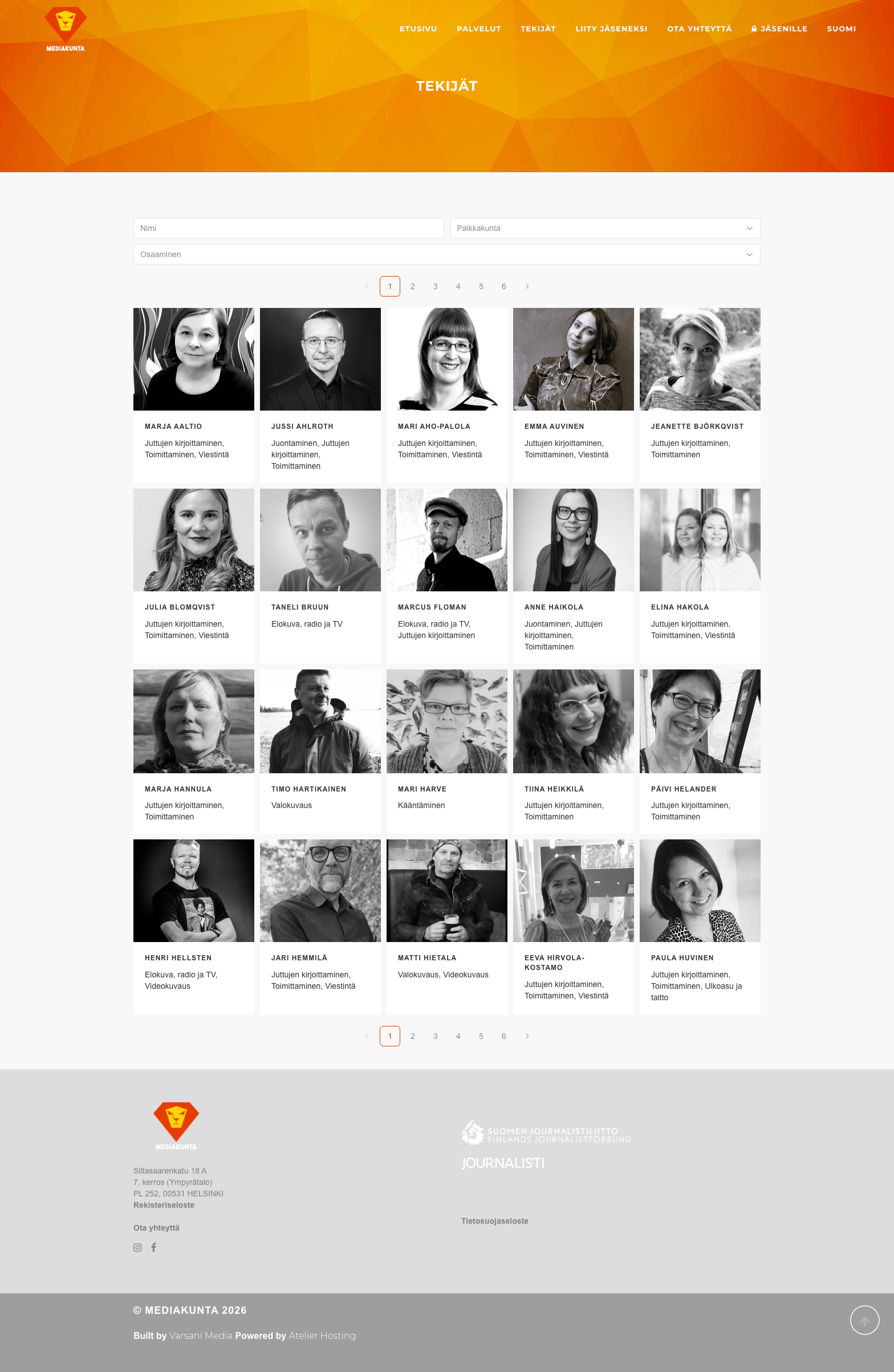 Mediakunta member directory page with profiles of media professionals
