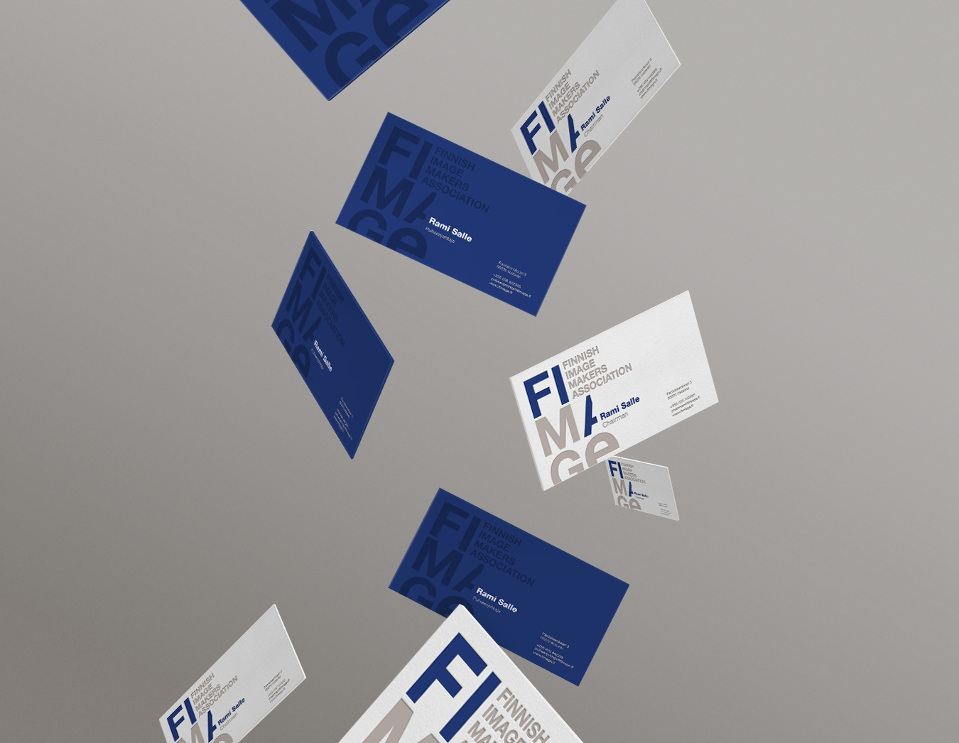 Fimage business cards in blue and white
