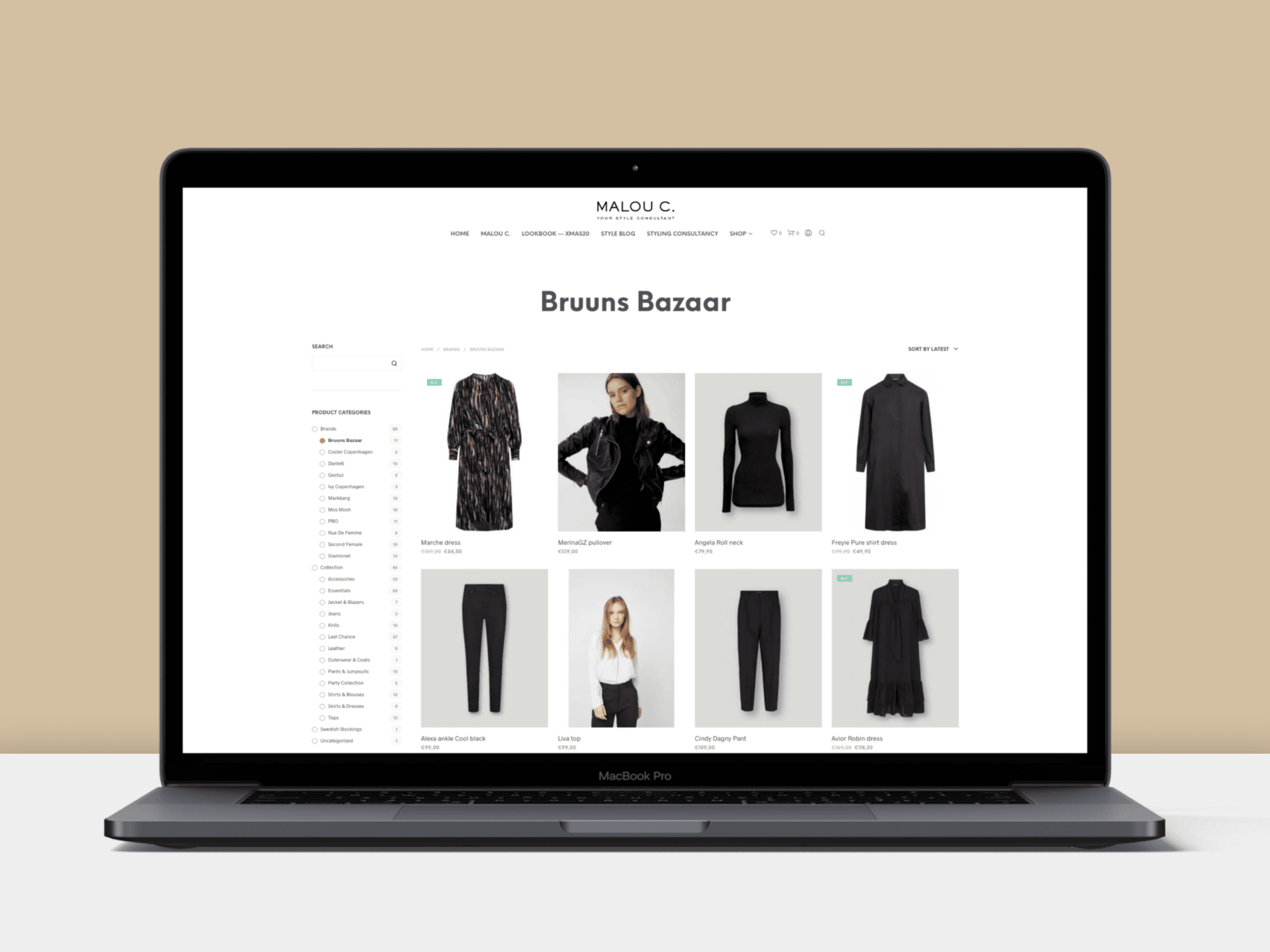 Malou C online shop on a laptop, showing the Bruuns Bazaar collection